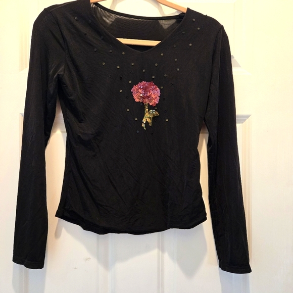 Vintage Y2K Top M Italy Micro Mesh Black Long Sleeve Sequined Floral Semi Sheer - Picture 1 of 8
